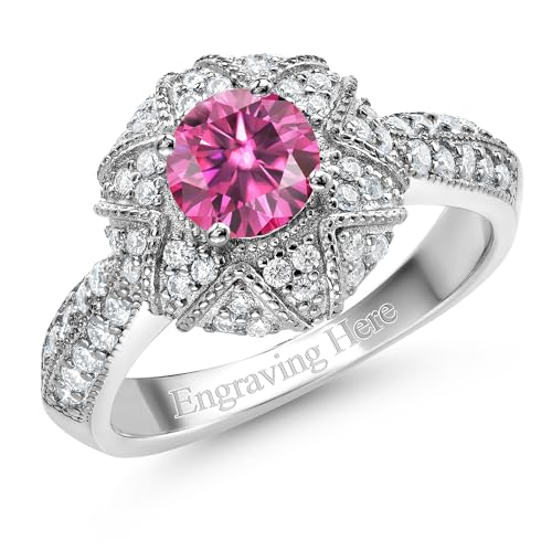 Gem Stone King 925 Sterling Silver Customized and Personalized 6MM Round Gemstone Birthstone and White Moissanite Name Engraved Engagement Ring For Women (1.19 Cttw, Available In Size 5, 6, 7, 8, 9)