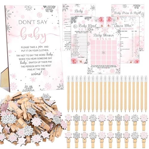 Image of Patelai 321 Pcs a Little Snowflake is on The Way Baby Shower Games Pink Snowflake It's Cold Outside Baby Shower Games Don't Say for Girl Winter Bingo Gender Reveal Party Home Decor Supplies