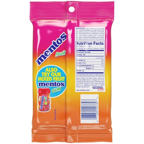 Image of Mentos Fruit Chewy Mint Candy Roll,Mixed Fruit Flavors,Valentine's Day Candy for Parties & Favors,14 Pieces Per Roll,(Pack of 12)