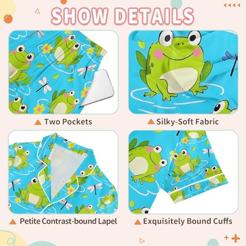 senya Frog Dragonflies Lotus Leaf Satin Summer Pajama Sets Silk Short Sleeve Button Down Sleepwear3