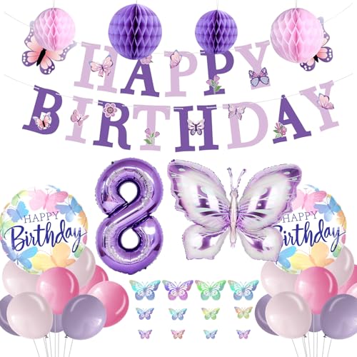 Ballons aluminium 3D papillon violet pour une décoration murale d'anniversaire 8 ans grandiose