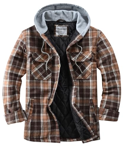 Fozexi Men's Quilted Lined Flannel Shirt Jacket Button Down Flannel with Hood Lightweight Quilted Jackets for Men Brown X-Large