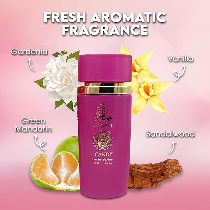 SARAH CANDY & SARAH FUCHSIA Perfume Set for Women - Floral, Fruity & Sandalwood, Musk Fragrance Combo Gift Set 3.4 fl oz Each EDP for Daily Use (2 PACK). - Image 5