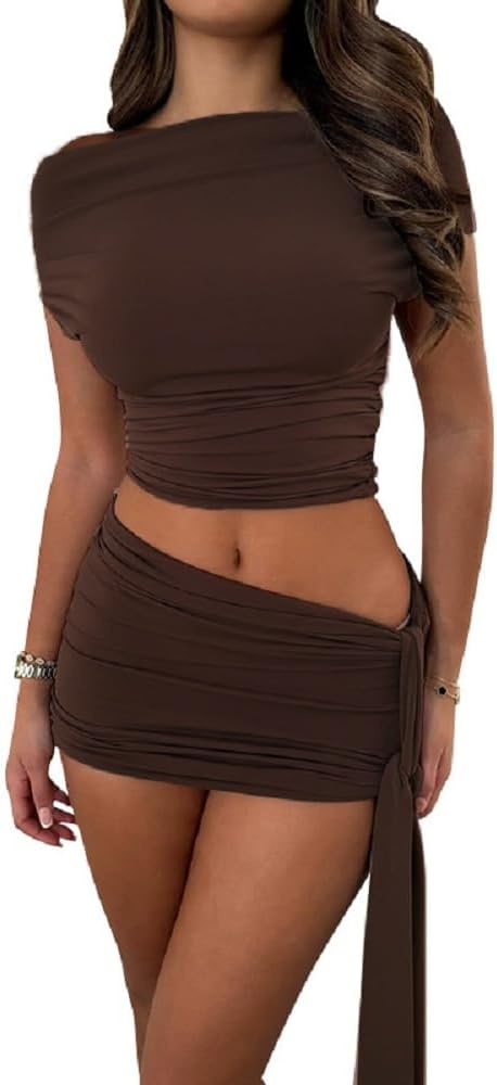 Women's 2 Piece Outfit One Shoulder Sleeveless Crop Tops with Ruched Bodycon Mini Skirt for Party Clubwear - Image 2