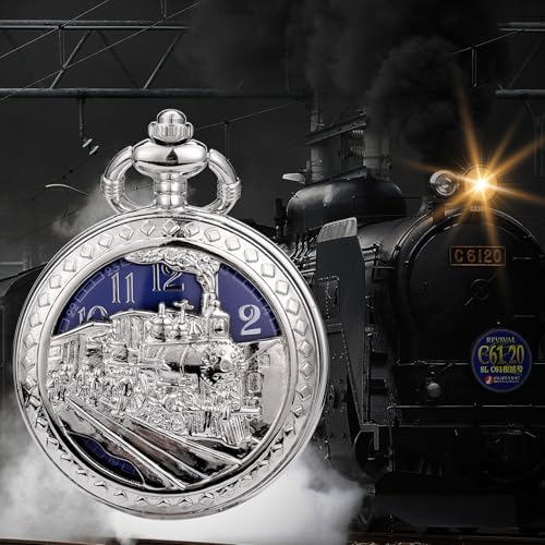 Image of SIBOSUN Antique Men Pocket Watch with Chain Oversized 50MM 1.96 Inch 3D Locomotive Steam Train Railroad Hollow + Box