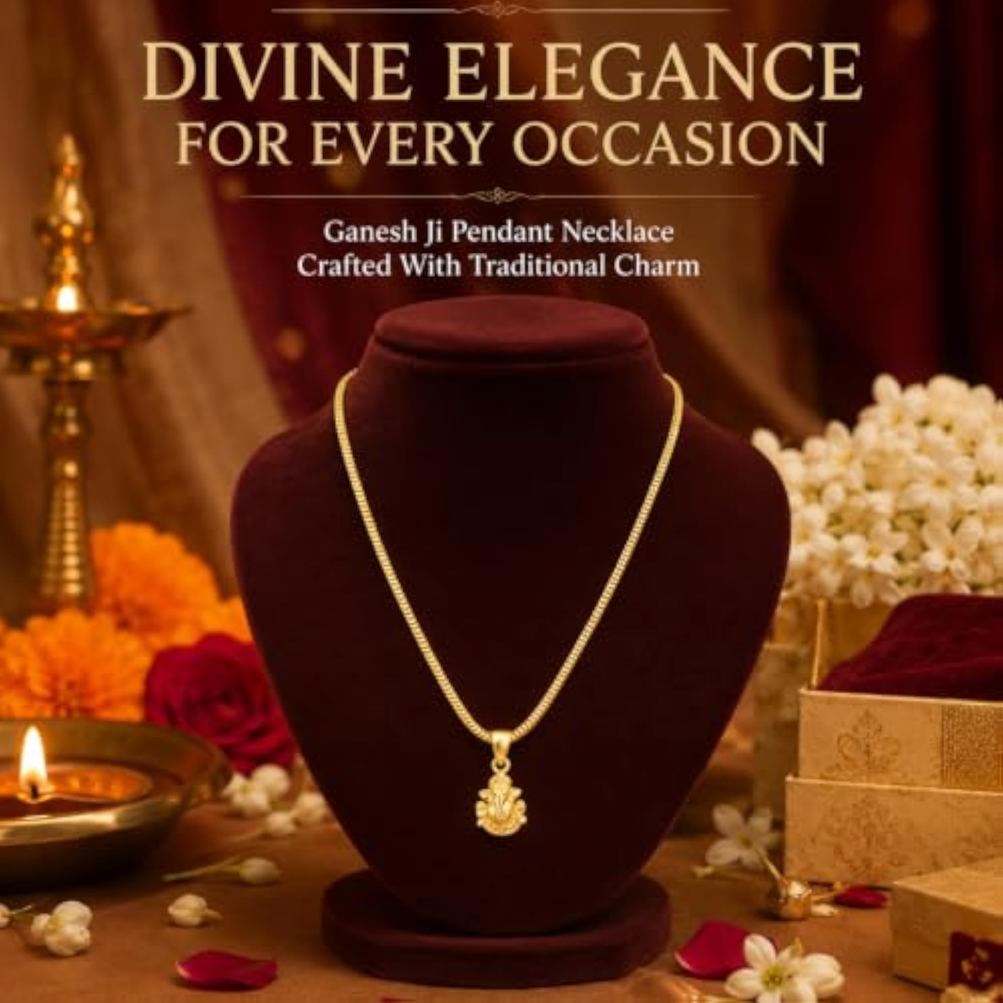 Ganesh Ji Pendant with Micro Gold Plated Brass Chain, Traditional Necklace