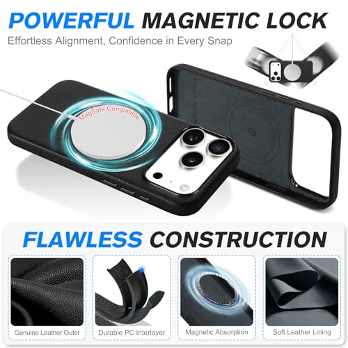 Image of SHIELDON Genuine Leather Case for iPhone 17 Pro Max 6.9 inch, Pebbled Black | Compatible with MagSafe, Magnetic Wireless Charging, Camera Button, Metal Buttons, Camera Bezel, Slim, Shockproof, Women Men
