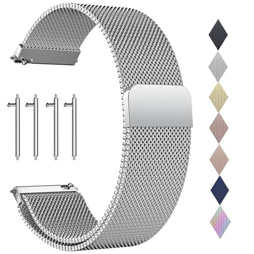 PDSQL Edelstahl Mesh Uhrenarmband, Metall Ersatz Armband Edelstahlarmband mit Magnetverschluss Smartwatch Schnellverschluss Watch Uhren Ersatzband Für Damen Herren (Silber, 20mm)