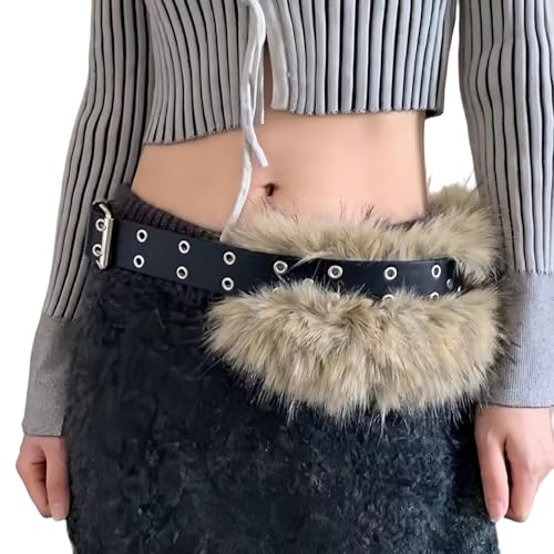 JUMISEE Women Girls Faux Fur Belt Waistband with Metal Chain Y2K Furry Grunge Wide Waist Belt Halloween Rave Accessories2