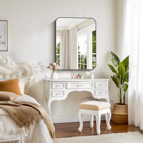Image of Bathroom Mirror, 30 x 24 inch Metal Framed Black Rectangle Mirror, Rounded Corner Rectangular Vanity Mirror, Wall Mounted Mirror for Modern Bedroom Living Room Hangs Horizontal or Vertical