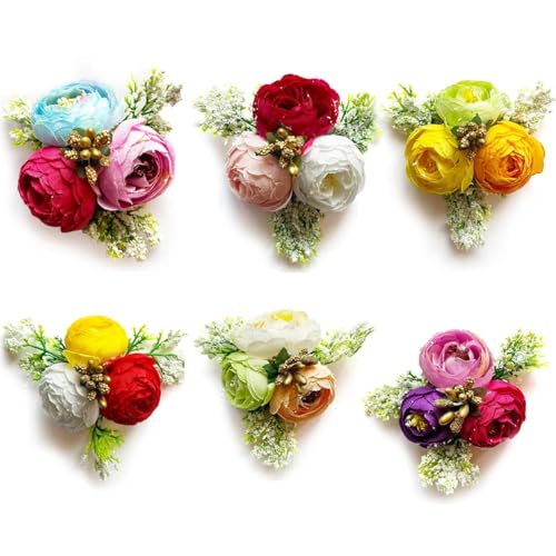 Artificial Peonies Flower with Grass Filler Brooch for Hamper, Decoration, Gifting, Trousseau Packing | Artificial Flower Bunch Hamper (6, Multi Color)