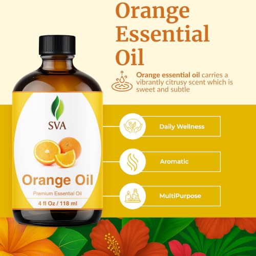 Image of SVA Orange Essential Oil 4 Fl Oz - for Diffuser, Skin & Hair Care - Ideal for Massage & DIY Blends - with Dropper