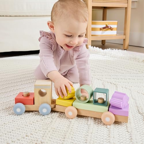Fisher-Price Wood Baby Toy Stacking Train, 9-Piece Activity with Silicone & Wooden Blocks for Infants & Toddlers Ages 9+ Months - Image 2