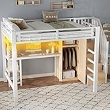 Ojjxh Etagenbett Kinderbett 140x200, Metall Hochbett mit Stauraum Kleiderschrank & Stauraum Treppe...