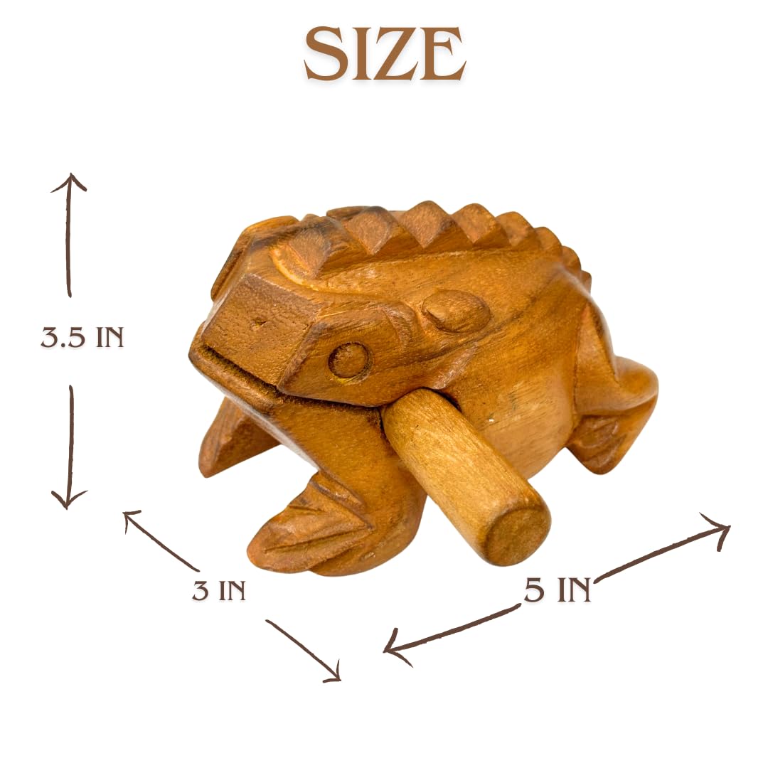 Thai Wooden Carving Percussion Musical Croaking Frog, Wooden Handicraft Instrument, Scraping Frog (5 in)