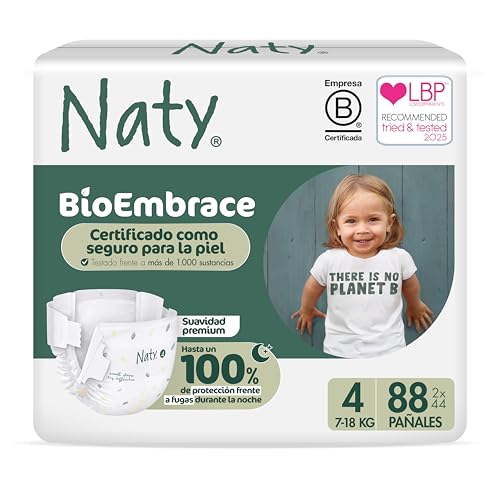 Naty Bioembrace Pañales Bebé Seguros Para Piel Sensible Protección Antifugas Hasta 100 Suavidad Vegetal Sin Cloro Talla 4 7 18 Kg , 88 Unidades