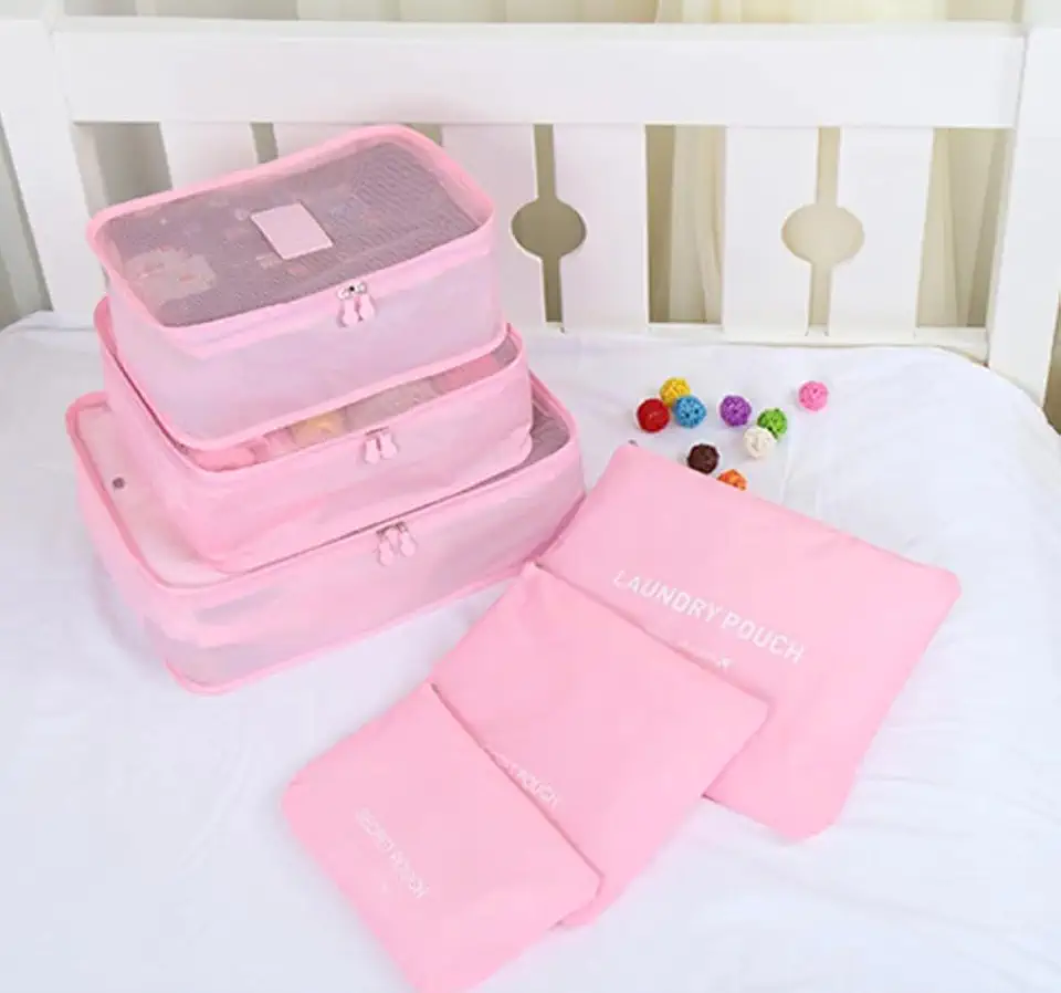 Kit Organizador de Mala de Viagem Prático 6 Peças Necessaires para Roupas, Maquiagens,cuecas calcinhas e meias Bagagen-Lene (Rosa Claro)