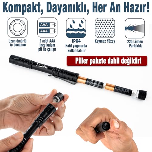 Bluefox LED El Feneri, Dayanıklı Alüminyum Gövde, 220 Lümen, Klipsli, Su Geçirmez, Araç, Kamp, Balık