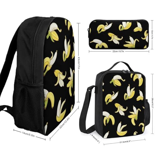 3PCS Backpacks Set, Large Capacity Travel Daypack 17 Inch Yellow Banana Fruit Funny Black Pattern Insulated Lunch Bag Lightweight Compact Pencil Pen Case2