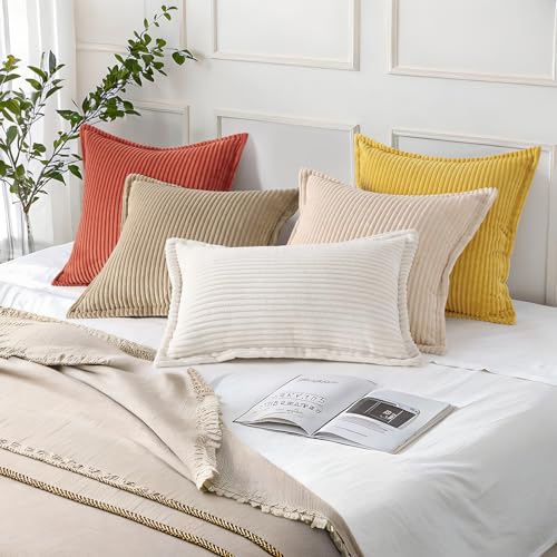 Mecatny Corduroy Throw Pillow Covers 18x18 Set of 2, Neutral Decorative Soft Boho Couch Pillow Covers with Broadside for Sofa Living Room, Cream White