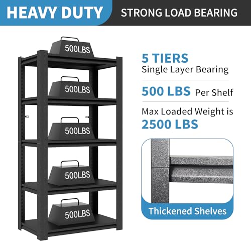 BIZOEIRON 72\" H Metal Storage Shelving, 2500LBS Heavy Duty Shelves Unit, Adjustable 5 Tier Storage Rack, Industrial Utility Shelf for Garage, Warehouse, Bedroom, Kitchen,16\" D×36“W×72”H, Black