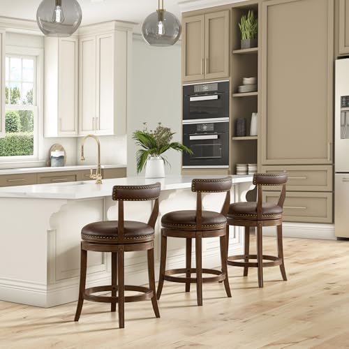 Image of ROME + OAK Ruxban 26 inch Counter Stool, Set of 4 Low Back Swivel Barstools in Walnut Finish with Saddle Brown Vegan Leather Seat - Indoor Home Furniture