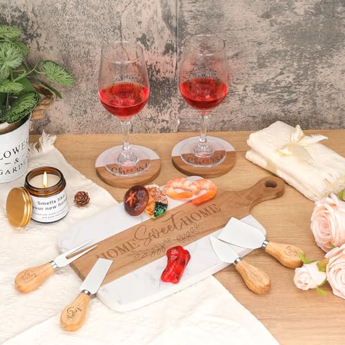 House Warming Gifts New Home – Marble & Acacia Wood Cheese Board, 4 Cheese Knives, Candle, 2 Wine Glasses, 2 Coasters, Greeting Card – Home Sweet Home Gift for Couples, Friends, New Homeowners - Image 5