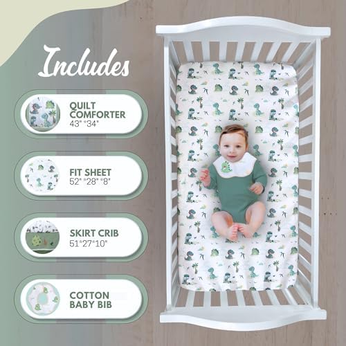 dinosaur crib bedding set featuring fitted sheet and crib skirt