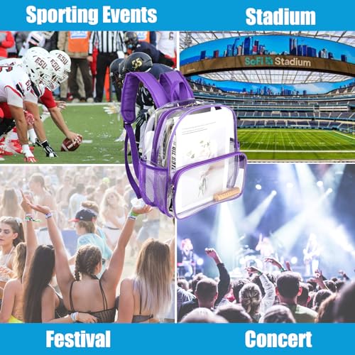 Image of Crosstime Clear Backpack Stadium Approved 12x6x12 Clear Bag with Reinforced Straps Durable PVC for Stadium Events, Sports, Festivals, Concerts - Small Transparent Backpack for Women & Girls - Purple