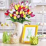 Winlyn 28 Pcs Multicolor Tulips Artificial Flowers Faux Tulip Stems Real Feel PU Tulips Easter Spring Wedding Bouquet Centerpiece Floral Arrangement Cemetery Table Décor 14" Tall - Image 3