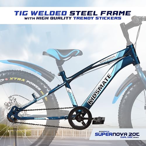 Image of Kidsmate Supernova 20T Fat (20 x 3.0) Tire Cycle for Kids 7-10 Years | Dual Disc Brake Bicycle with Rigid Fork | Wide Tyres, Strong Steel Frame Bike for Kids - Stelios Blue