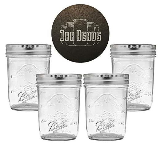 Ball Mason Jars 8 oz Bundle with Non Slip Jar Opener- Set of 4 Half Pint Size Jelly Mason Jars with Regular Mouth - Mini Canning Glass Jars with Lids and Bands