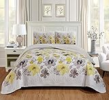 Luxury Home Collection 3 Piece King/California King Quilted Reversible Coverlet Bedspread Set Floral Printed Yellow White Gray