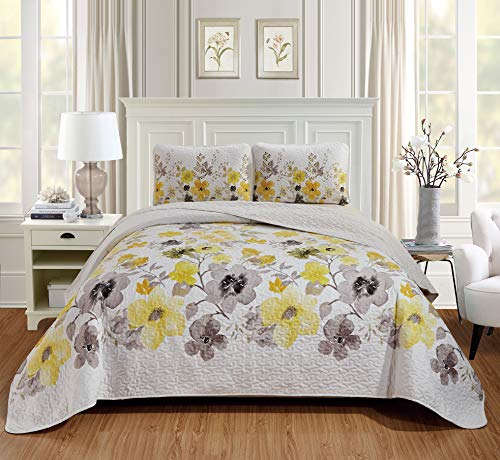 Luxury Home Collection 3 Piece Full/Queen Quilted Reversible Coverlet Bedspread Set Floral Printed