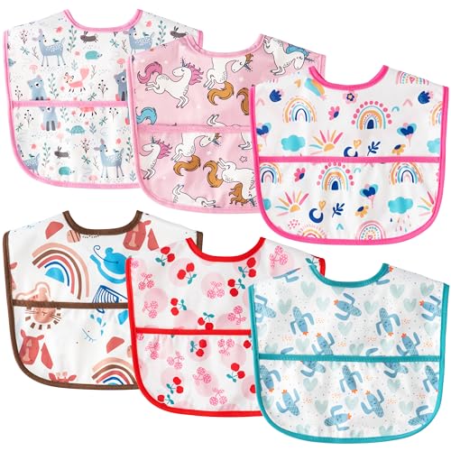 2ooya Baby Bibs for Eating - 6Pcs Toddler Waterproof Feeding Bibs with Crumb Catcher Pocket Adjustable Sleeveless Teething Plastic Food Bib Set Infant...