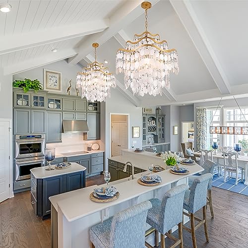 TOCHIC Capiz Shell Chandelier, 6 Lights Gold Coastal Chandeliers for Dining Room, Modern Seashell Ceiling Light Fixture with Crystal Beads for Living Room, Bedroom, Entryway, D-25.6" - Image 2