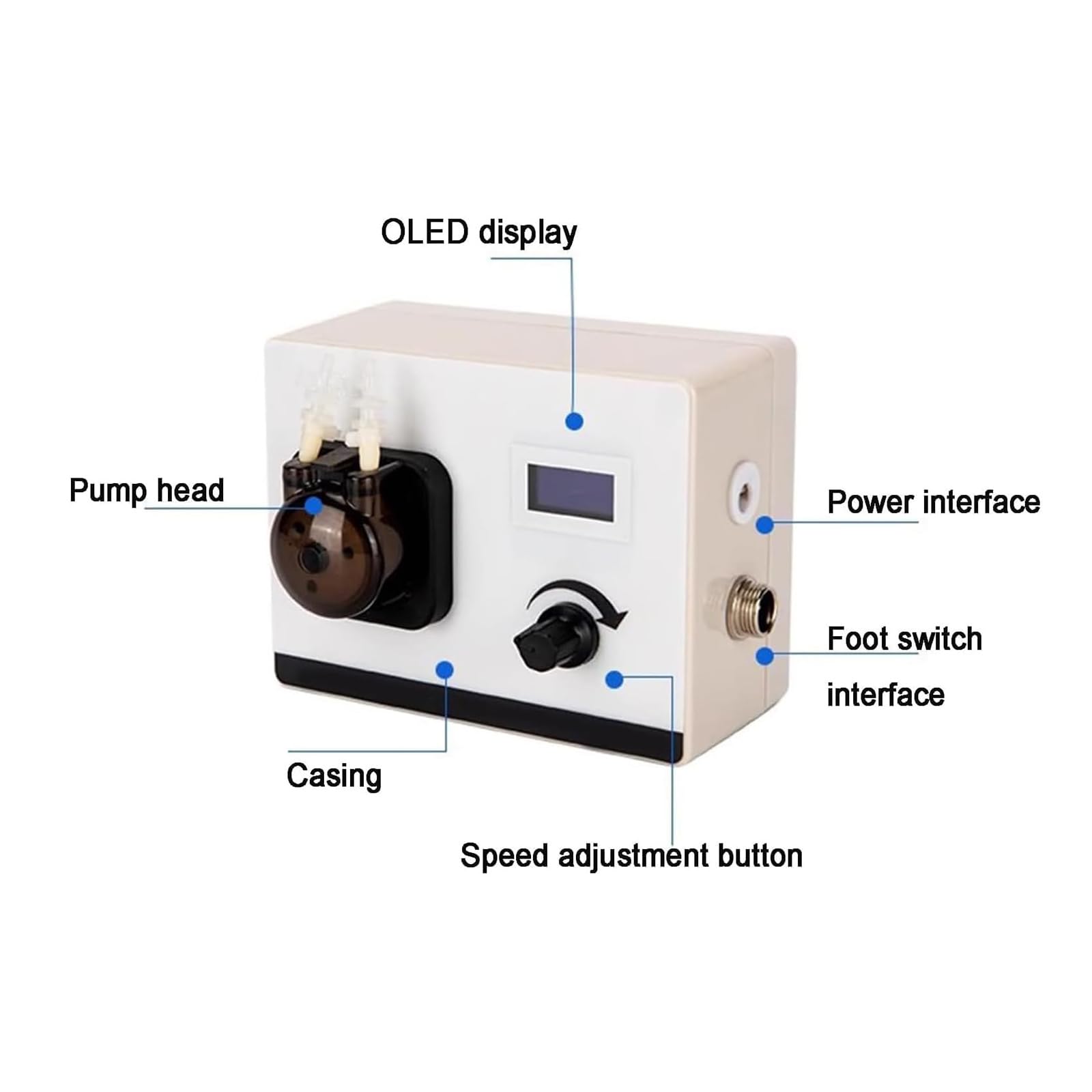 Intelligente Schlauchpumpe, Labordosierpumpe, einstellbarer Durchfluss 0-40 ml/min, OLED-Display, Fußschalter, Silikonschlauch für Labor und Aquarium