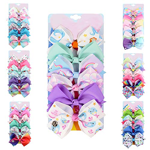 [6-Pack] 5 Inch Cute Mermaid Unicorn Rainbow Colorful Hair Bows Clip Accessories Gifts for Toddlers Girls (Mermaid Series-C)