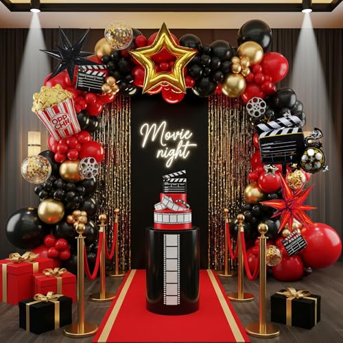 Movie Night Themed Balloon Garland Arch Set 119pcs Red Black Gold with Mylar Camera Stars Popcorn...