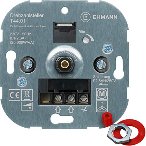 EHMANN Unterputz-Drehzahlsteller, 230 V, 50 Hz, Leistung: 25-600 W/VA, inkl. Schalterprogramm-Adapter
