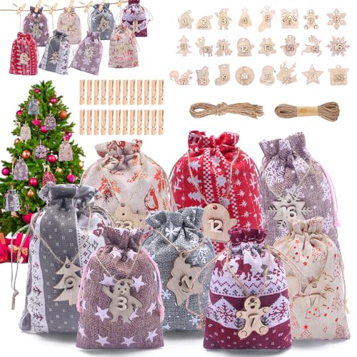 24 Calendario Avvento Sacchetto Regalo di Natale Fai-Da-Te, Sacchetti Calendario Avvento con Clip in Legno, Corda di Canapa, Numeri in Legno, Calendario Dell Avvento Fai da te per Bambini e Adulti