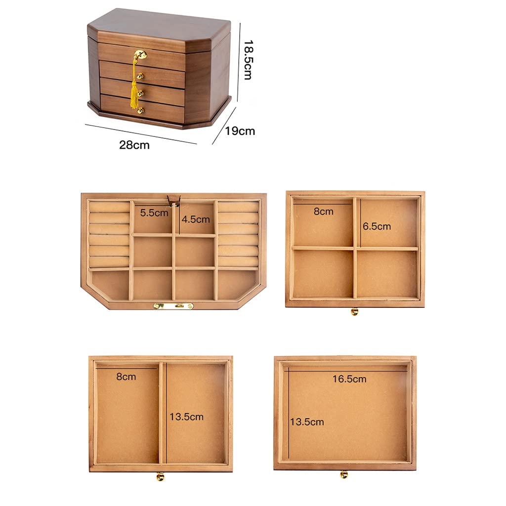 Abschließbare Schmuckschatulle aus Holz mit 3 Schubladen für Frauen und Mädchen – Halter für Ringe, Halsketten, Ohrringe, Armbänder – Aufbewahrung in Geschenkbox – Farbe A – Größe 28 x 19 x 18,5 cm (A