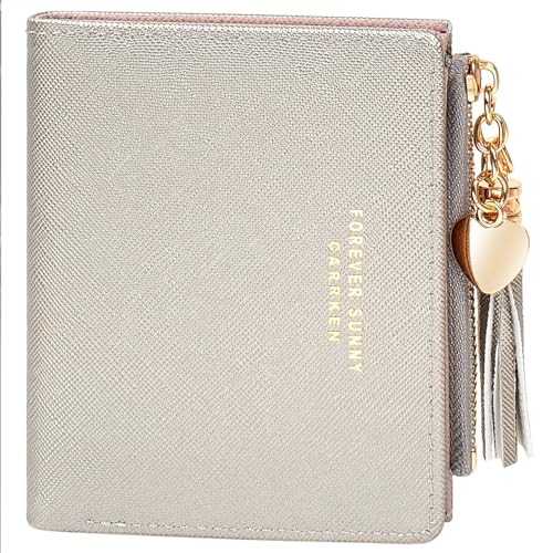 Valentoria Womens Small Wallet Mini Purse Bifold Slim Card Case Holder Zipper Coin Pocket Girls Cute Tassels & Love Wallets (Z-Silver L)