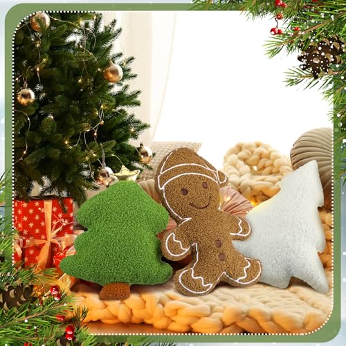 Image of Konohan 3 Pcs Christmas Gingerbread Pillows House Man Throw Pillows Stuffed Gingerbread Shaped Pillow for Christmas Party Outdoor Cushion Decorations(Green,Vintage Style)