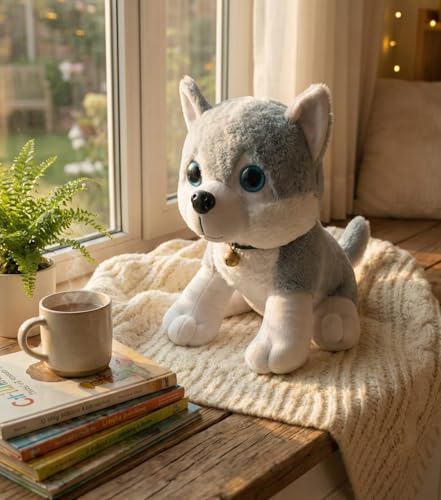 Image of Cute Husky Puppy Soft Toy, 28 cm Premium Plush Stuffed Animal with Bell Collar, Adorable Bedtime Buddy for Kids and Birthday Gifting