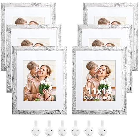 SYNTRIFIC Picture Frame Set of 6, Distressed White, 11x14, Rustic Farmhouse Design, Wall Mount, Interchangeable Mats, Home Decor Cover