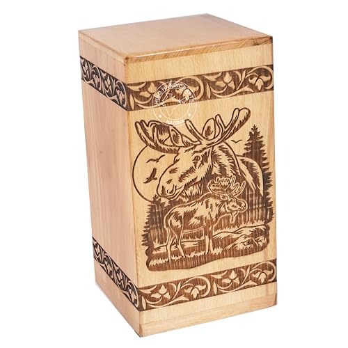 Image of Handcrafted Floral Engraved Wooden Urns for Human Ashes Adult Large - Cremation Urn for Ashes - Burial Urn for Columbarium - Funeral Urn Box (Buck Deer 1, 250 LB - BeechWood)