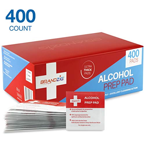 Brandzig Sterile Alcohol Prep Pads (400-Pack) | Thick 2-Ply Antiseptic/Sanitizing Isopropyl Medical Wipes | Individually Wrapped Alcohol Cleansing Swabs for Antibacterial Protection, Diabetic Supplies