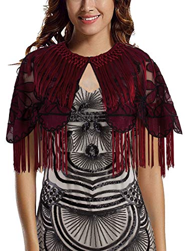 Vijiv Women's 1920s Black Shawl Art Deco Embroidered Fringe Evening Cape Bolero Flapper Cover Up3