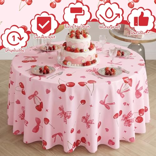 Image of Ganeen 6 Pcs Cherry Plastic Tablecloth 84 Inch Cherry Bow Round Tablecloths Birthday Decor Disposable Plastic Round Waterproof Table Covers for Holiday Weeding Tea Decoration Party Favor